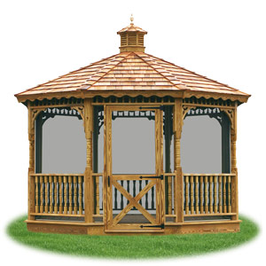 enclosed wood single roof octagon gazebo with screens from Pine Creek Structures