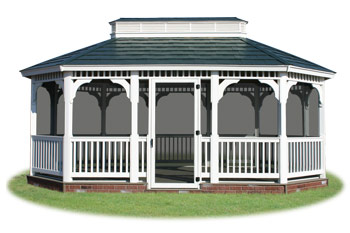 screened in vinyl single roof oval gazebo from Pine Creek Structures
