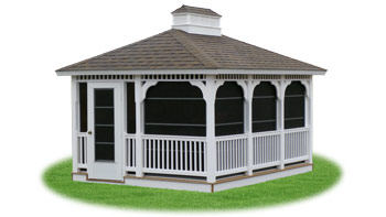 enclosed vinyl rectangle gazebo with screens from Pine Creek Structures