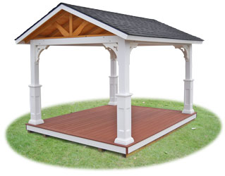 Vinyl pavilion with open gables, savannah posts, and floor