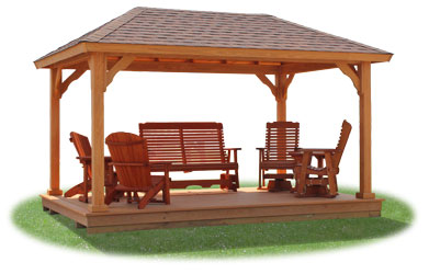 Vinyl pavilion with standard posts, floor, and optional wood patio furniture