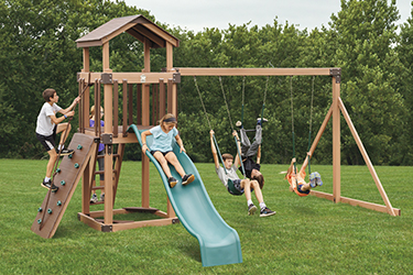 Busy Base Camp B44-6 Woodgrain Vinyl Play Set with kids playing, climbing, and swinging