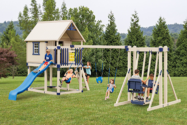 Happy Hideout H68-9Vinyl Play Set with Playhouse with kids swinging, playing, and climbing.
