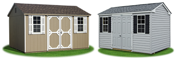 Peak Style Storage Sheds with different siding from Pine Creek Structures