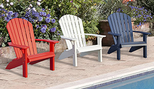 Three Poly Adirondack Chairs in Red, White, and Patriot Blue
