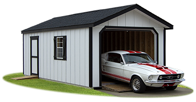 peak style single car garage with LP Board 'N' Batten siding