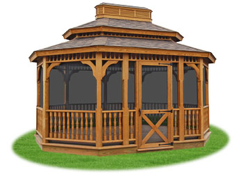 screened in wood double roof oval gazebo from Pine Creek Structures