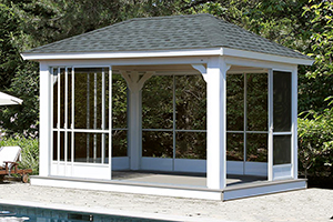 vinyl hip pavilion with floor and moving screens from Pine Creek Structures