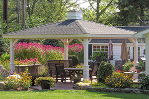 vinyl hip pavilion with cupola and savannah posts from Pine Creek Structures