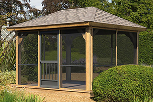 wood hip pavilion with screens from Pine Creek Structures