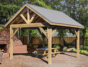 hemlock wood peak pavilion with metal roof from Pine Creek Structures