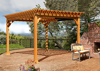 Bedford style wood pergola with redwood stain and optional Easy Roll Solar Shades