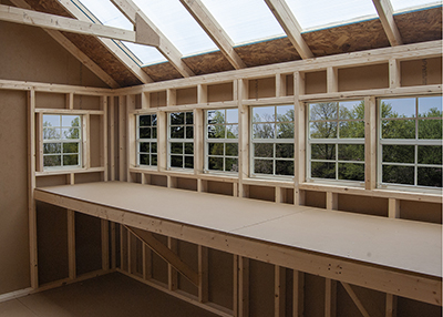 10x14 Arlington garden house interior workbench from Pine Creek Structures