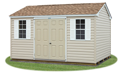 10x14 Vinyl Sided Side Entry Peak Storage Shed available at Pine Creek Structures