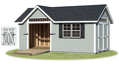 victorian deluxe storage shed with rampage door built by Pine Creek Structures