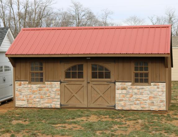 Pine Creek 12x20 Providence Carriage House with Mushroom stained walls and trim, and an Red metal roof