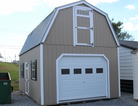 Pine Creek 14x24 Two Story Barn with PC Clay walls, White trim and shutters, and Light Grey metal roof