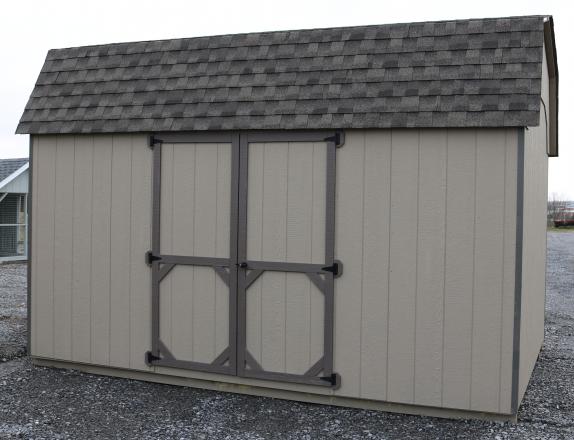 Pine Creek 10x14 Madison Dutch Barn with PC Clay walls, Bronze trim, and Weatherwood shingles