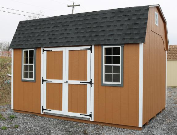 Pine Creek 10x14 HD Dutch Barn with Custom color walls, White trim and Dark Gray shutters, and Charcoal shingles