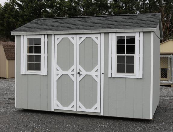 Pine Creek 8x12 HD Peak with Light Gray walls, White trim and White shutters, and Charcoal shingles