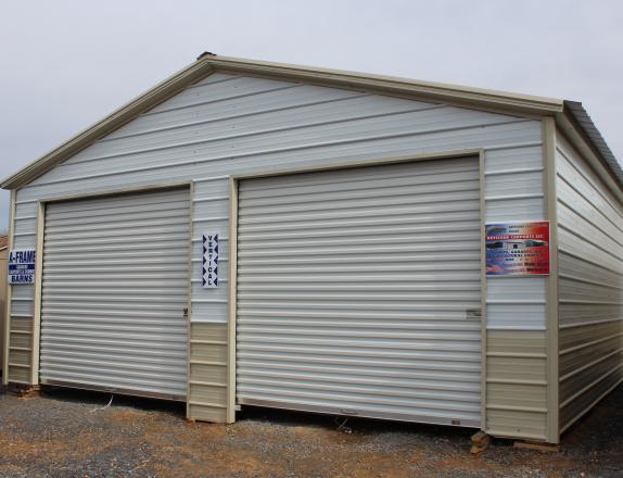 24x26 Metal Garage with White roof, White/Stone 2 tone walls, Stone trim