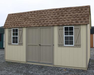 Pine Creek 10x16 HD Dutch Barn with Beige walls, PC Clay trim and PC Clay shutters, and Shakewood shingles