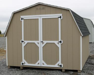 Pine Creek 10x12 Madison Mini Barn with PC Clay walls, White trim, and Charcoal shingles