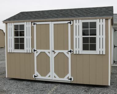 Pine Creek 8x12 Madison Peak with PC Clay walls, White trim and White shutters, and Charcoal shingles